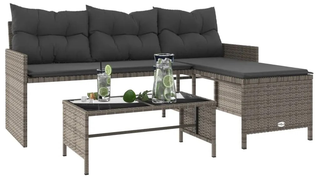 vidaXL L-alakú szürke polyrattan kerti kanapé asztallal és párnákkal