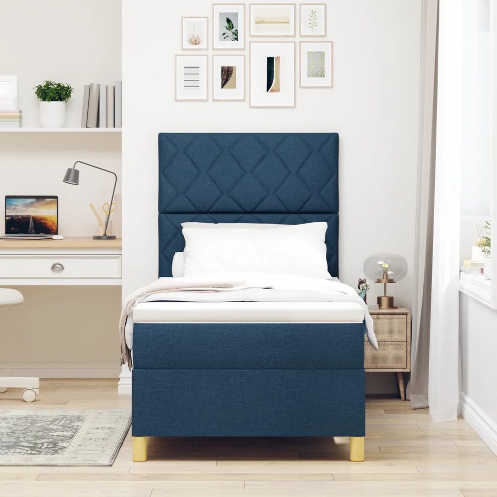 Box Spring Ágy Matraccal & LED Kék 90x190 cm Szövet