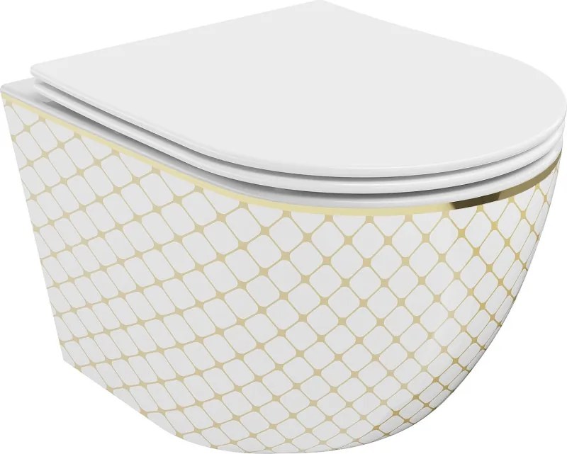 Mexen Lena Rimless WC csésze lassan záródó slim ülőkével, duroplast, fehér/arany kockás minta - 30224009