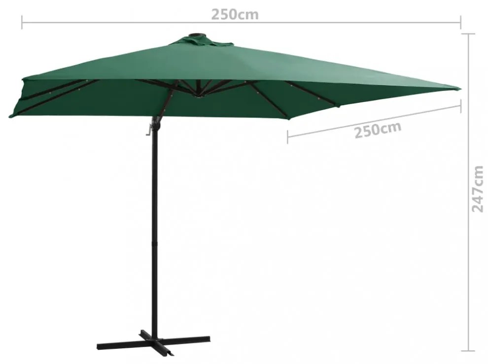 zöld konzolos napernyő LED-del és acélrúddal 250x250 cm