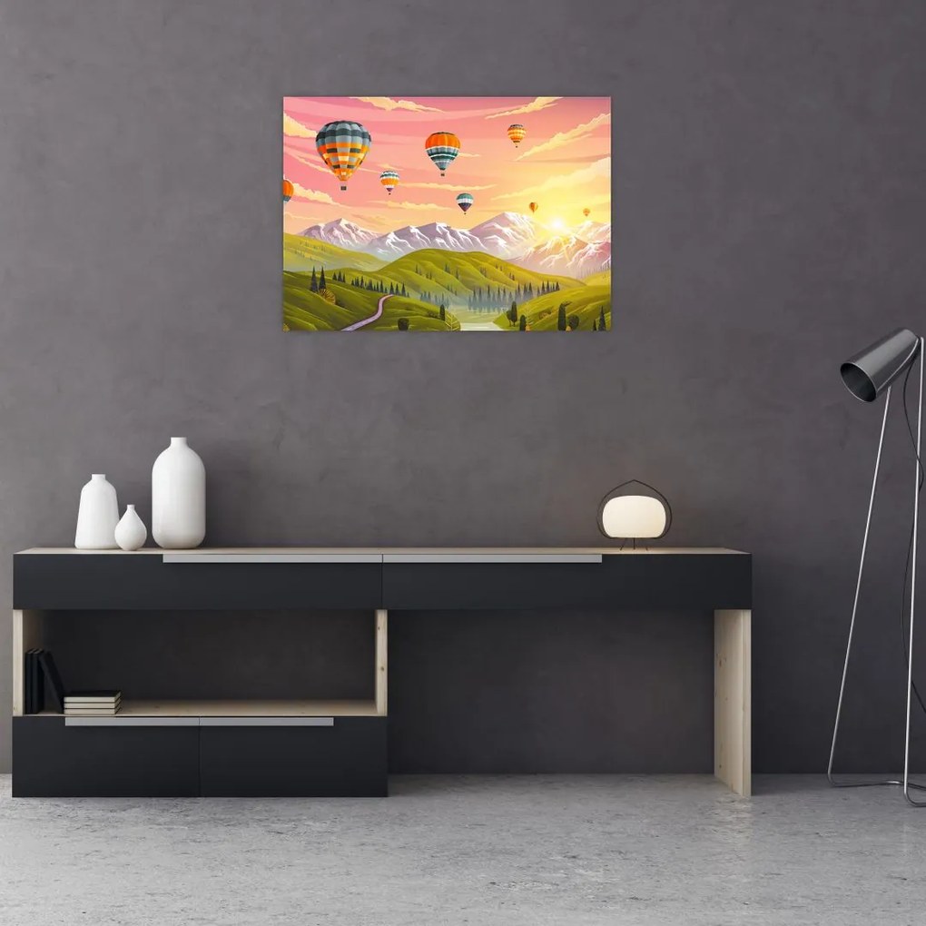 Léggömbök képe a táj felett (üvegen) (70x50 cm)