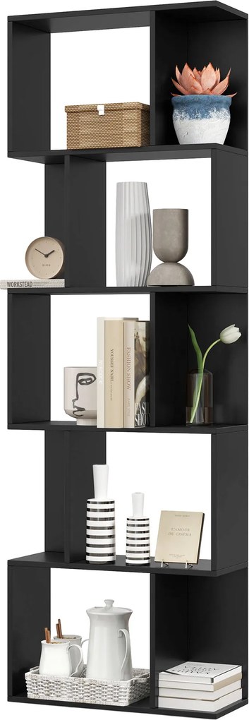 HOMCOM 5-rétegű S-alakú Fa Könyvespolc, Helytakarékos Könyvszekrény Nappaliba, Hálószobába és Irodába, 60x24x184,5 cm, Fekete | Aosom