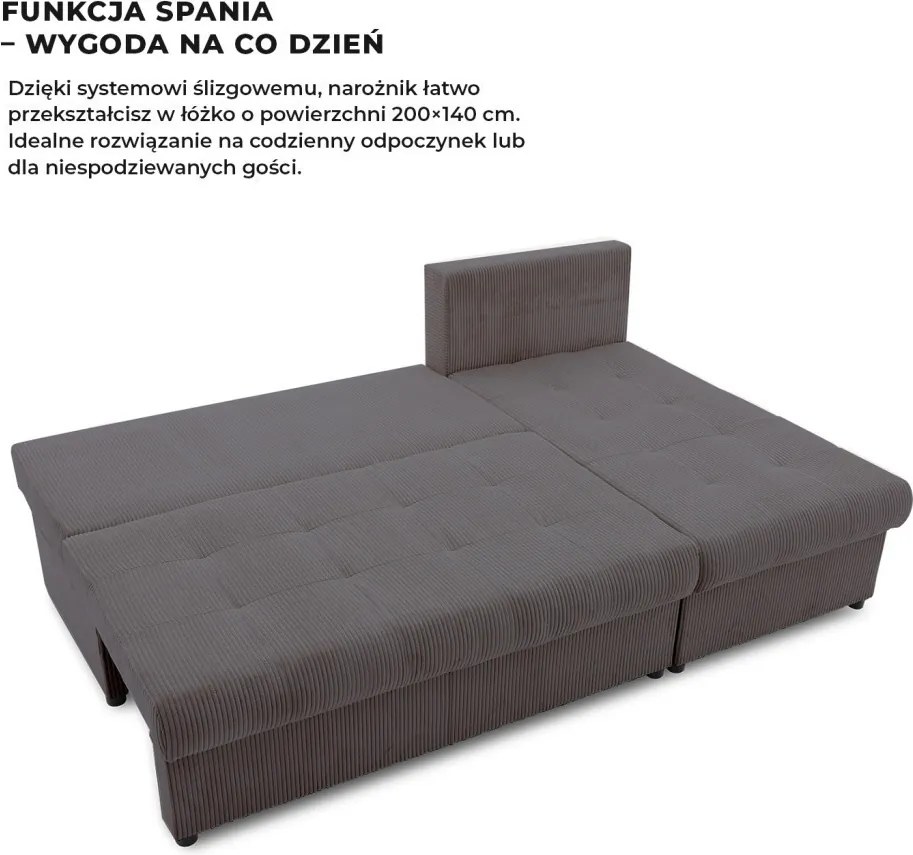 Venezia sarokkanapé, kordbársony, univerzális oldal, bonell töltet, szürke