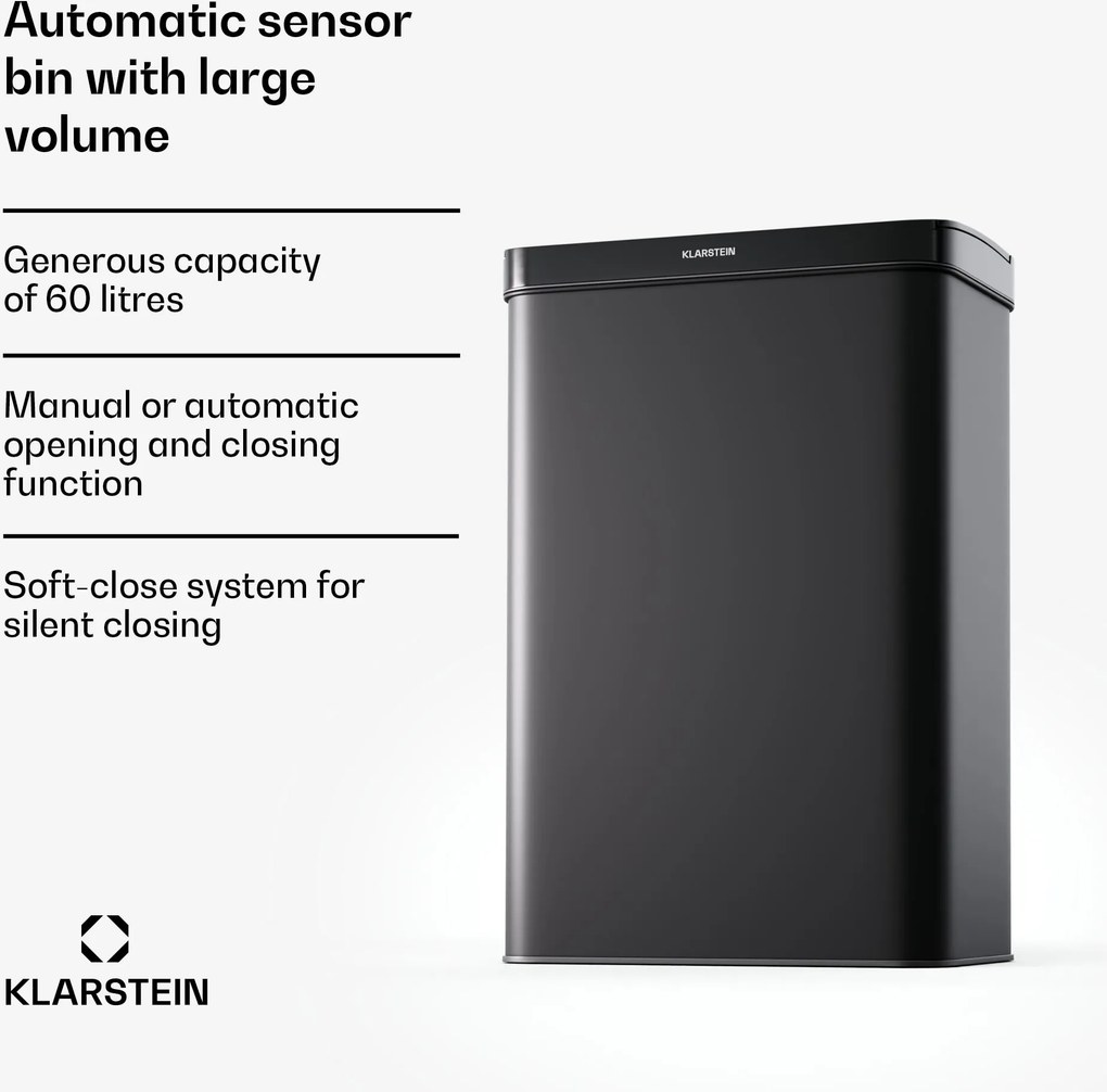 Klarstein Touchless, szenzoros szemétkosár, 60 l, rozsdamentes acélból, Soft-Close záródás, elemmel működő, LED kijelző, időzítő