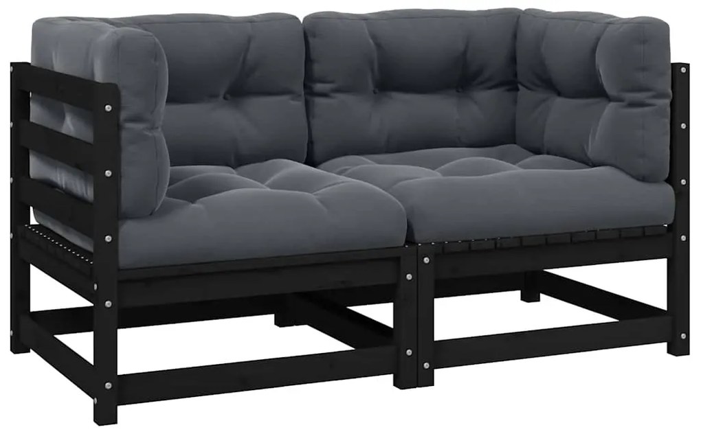 vidaXL kétszemélyes fekete tömör fenyőfa kerti kanapé párnákkal