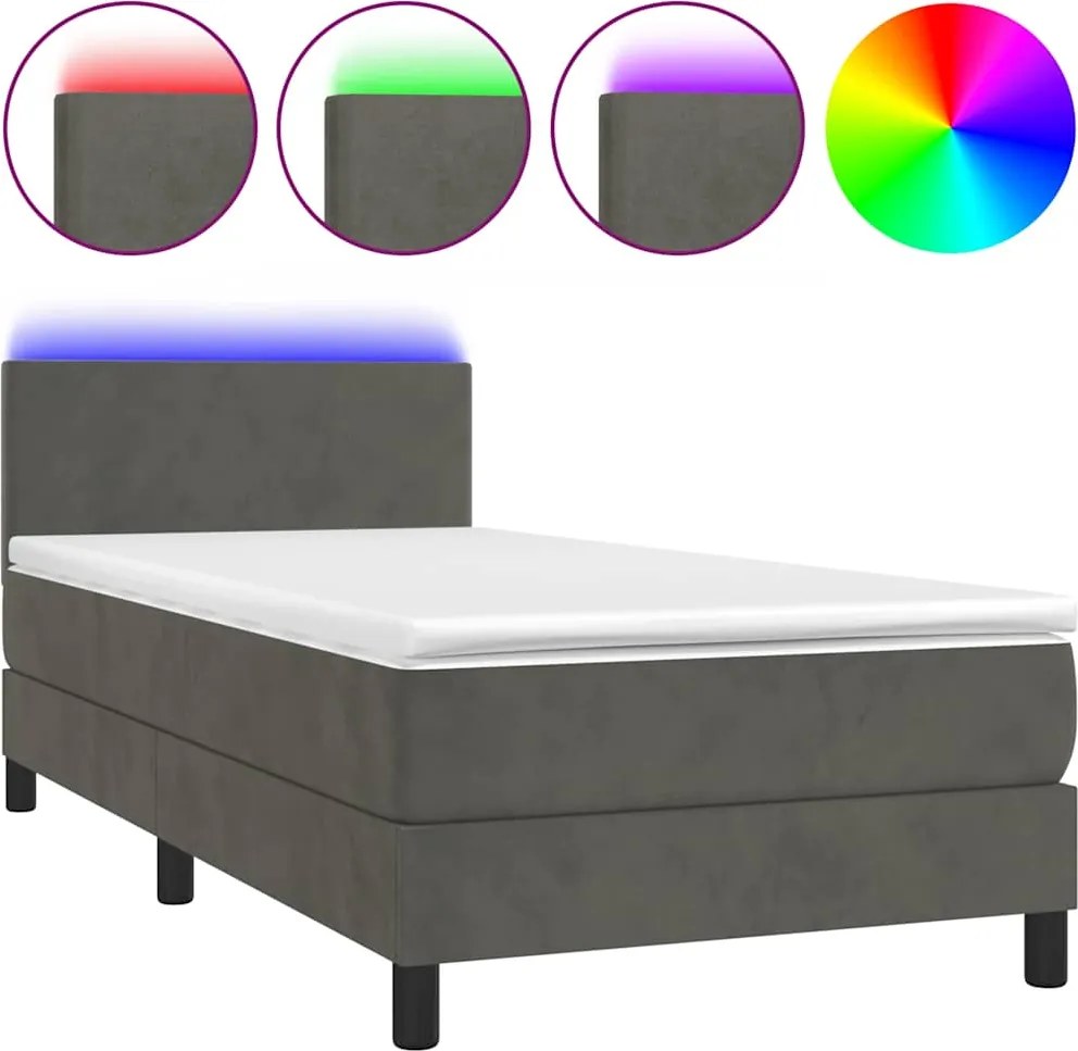 vidaXL sötétszürke bársony rugós és LED-es ágy matraccal 80 x 200 cm