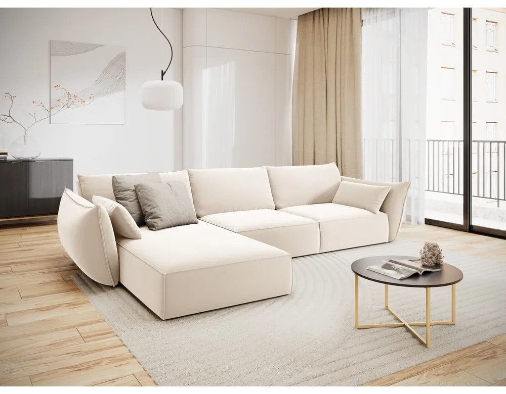 Bézs bársony sarokkanapé (bal oldali-heverő résszel) Vanda – Mazzini Sofas