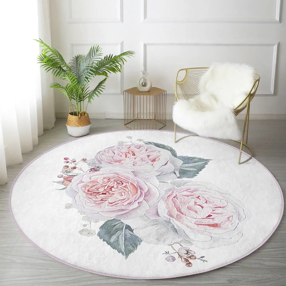 Fehér-rózsaszín mosható-robotporszívóval tisztítható kerek szőnyeg ø 100 cm Comfort – Mila Home