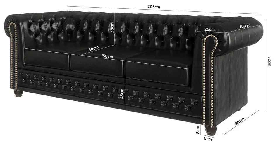 Fekete bőrutánzat kanapé 203 cm York – Ropez