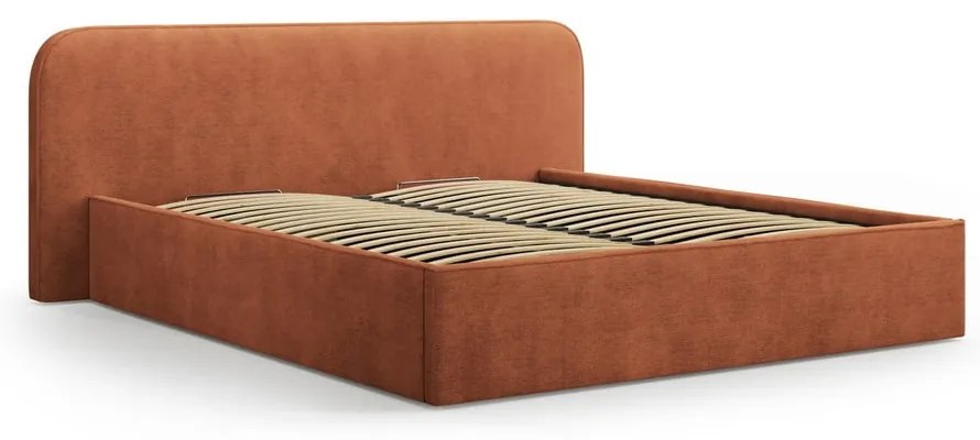 Téglavörös kárpitozott ágyneműtartós franciaágy ágyráccsal 140x200 cm Elizabeth – Micadoni