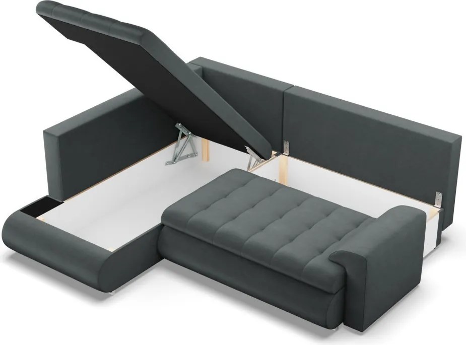 Tokio sarokkanapé, L alakú háttámlával, 2 ágyneműtartóval, bársony, baloldali, szürke