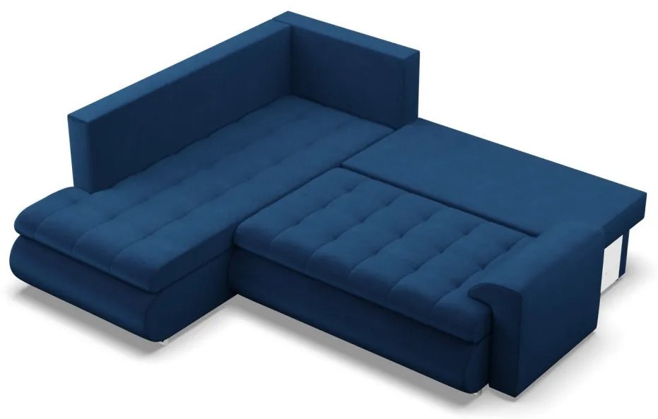 Tokio sarokkanapé, L alakú háttámlával, 2 ágyneműtartóval, bársony, baloldali, kék