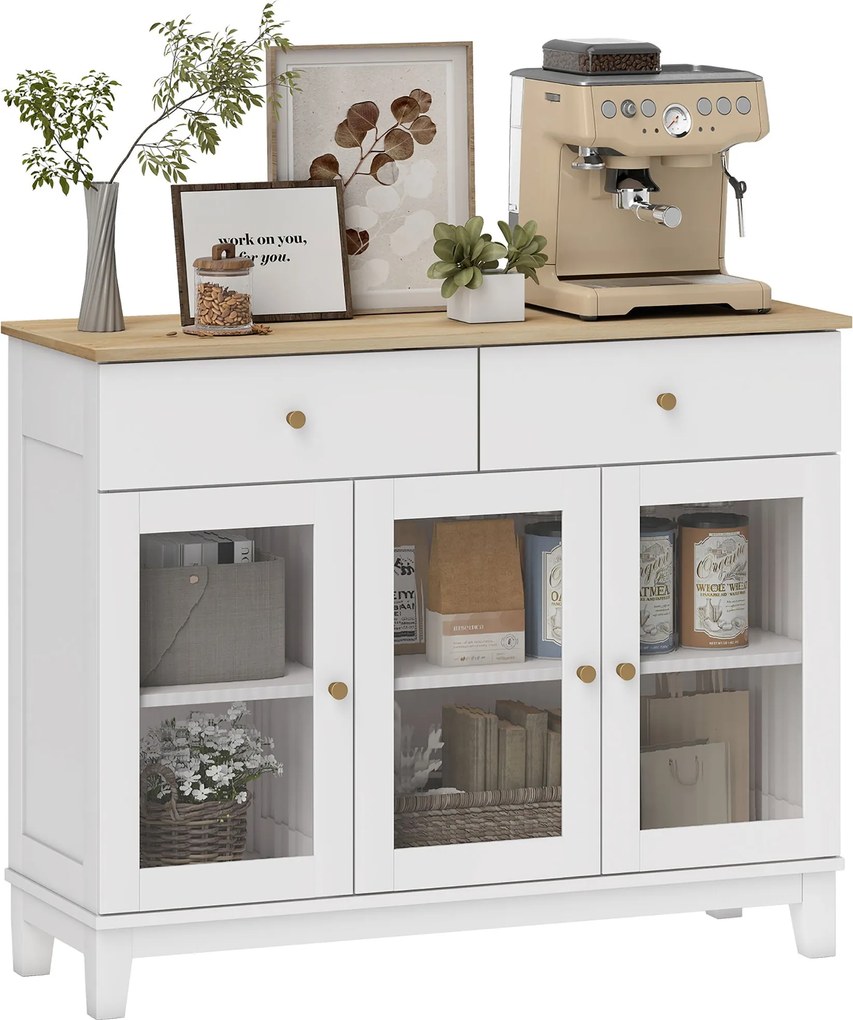 HOMCOM Oldalszekrény 3 Bordás Üvegezett Ajtóval Modern Oldalszekrény 2 Fiókkal és Állítható Polcokkal Étkezőhöz Előszoba Fehér 100x35x80,3 cm | Aosom