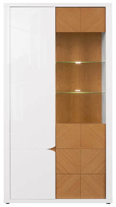 Vitrin Rovika REG1D1W2S (fehér fényes + natúr tölgy) (LED világítással). Akció -18%. 1025976