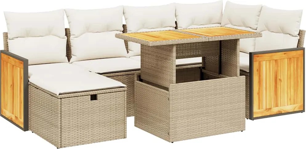 vidaXL 7 részes bézs polyrattan kerti ülőgarnitúra párnákkal