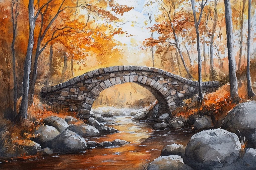 Vászonkép Canvas Tájkép Ősz Erdő Fák Folyó Kőhíd 120x80