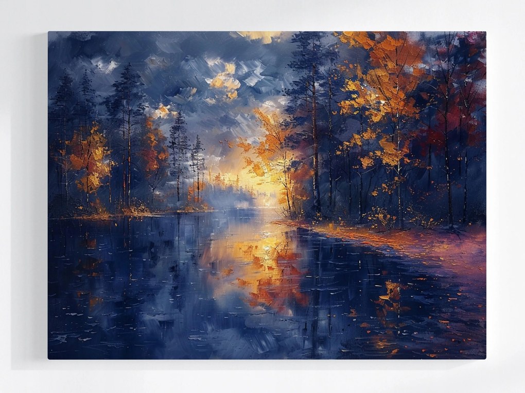 Vászonkép Canvas Erdő Fák Tó Tükröződés Ősz Nap 100x75