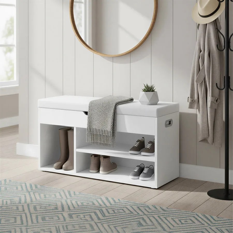 Tárolós Pad Párnával, Cipőpad Párnázott Üléssel, 30 x 80 x 44 cm, fehér