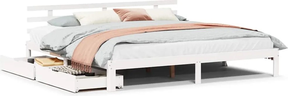vidaXL fehér tömör fenyőfa ágykeret fiókokkal 200 x 200 cm