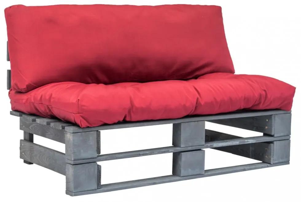 Szürke fsc fa kerti raklap kanapé piros párnákkal