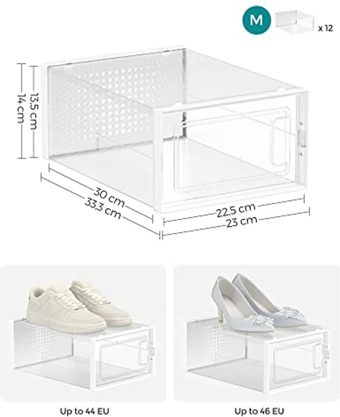 Cipődobozok, 12 darabos készlet, műanyag cipőrendező 44-es méretig, átlátszó-fehér
