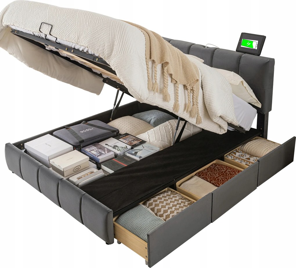 Franciaágy Hidraulikus ágy 3 fiók 3 töltő 140x200 cm szürke