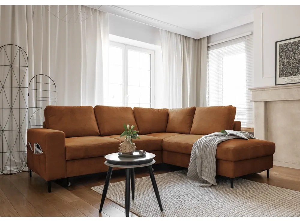Narancssárgásbarna kordbársony kinyitható sarokkanapé (jobb oldali) Lofty Lilly – Miuform