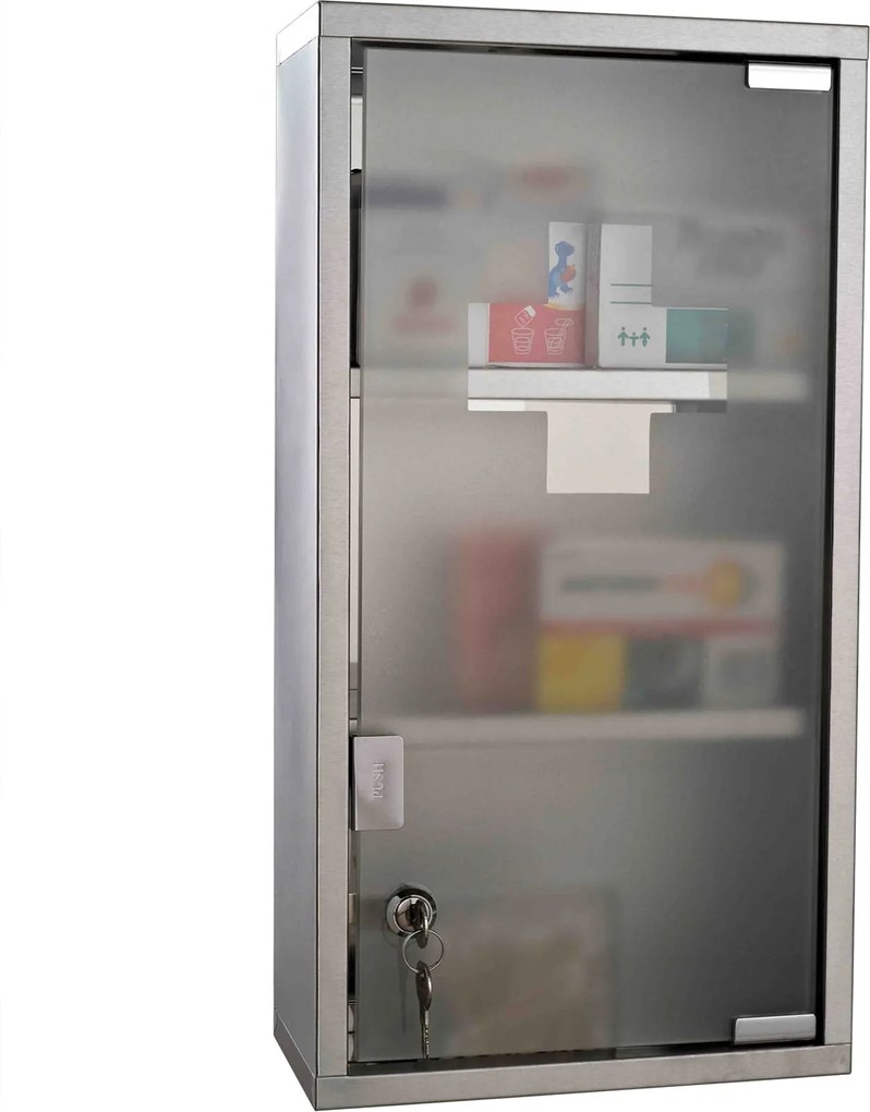 Zárható Orvosi Szekrény elsősegély készlettel, 3 rekesszel, Rozsdamentes acél, Ezüst 25 x 12 x 48 cm | Aosom