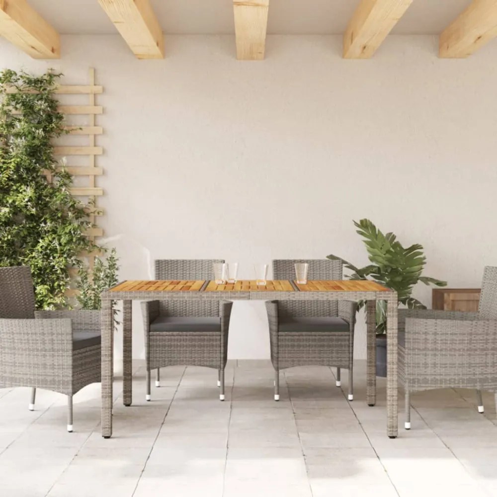 szürke polyrattan kerti asztal akácfa lappal 150 x 90 x 75 cm
