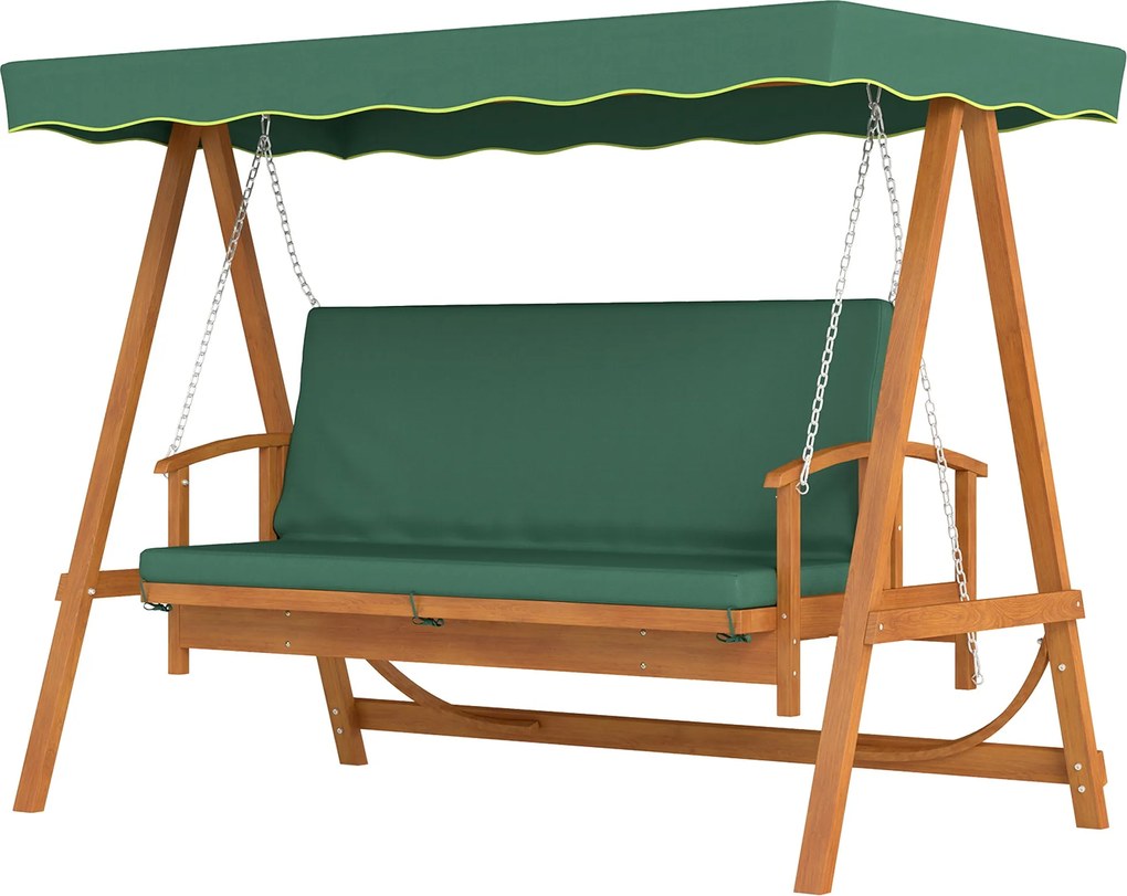 Outsunny 2 az 1-ben Hollywoodi hintaágy dönthető funkcióval, 3 személyes bárányhinta fából, fa hinta napernyő ülőpárnával, hinta pad 330 kg-ig, kertbe