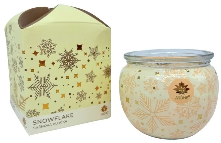 Arome Snow gyertya üvegben és virágos dobozban, 90 g