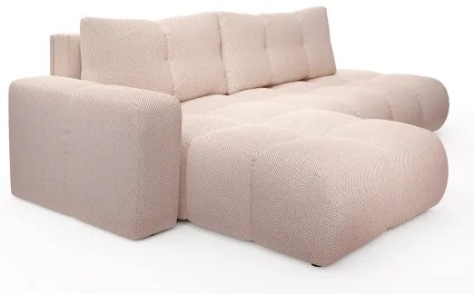 ALMADA L-alakú balos, kárpitozott, kihúzható sarokülőgarnitúra tárolóhellyel, rózsaszín