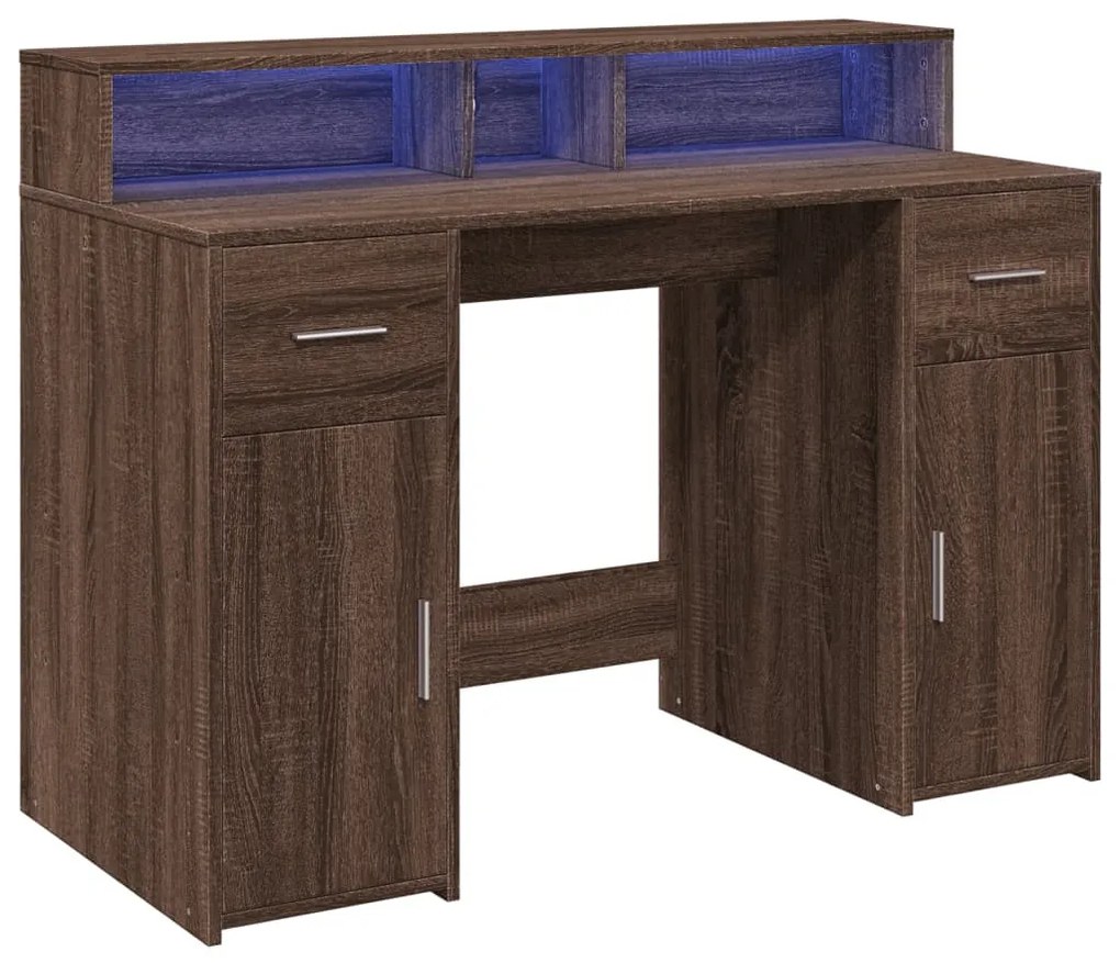 barna tölgy színű szerelt fa íróasztal LED-ekkel 120x55x91 cm