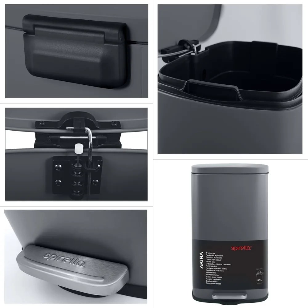 Sötétszürke acél pedálos szemetes 50 l Akira – Spirella