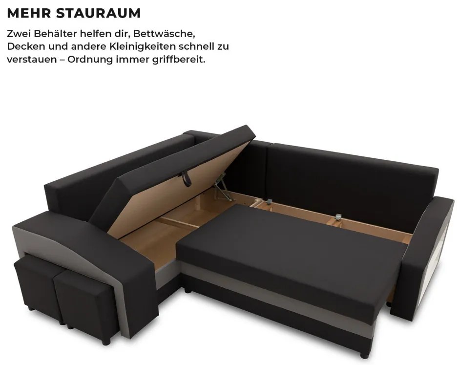 Grande sarokkanapé polcokkal és puffokkal , polc a jobb karfaban puffok a bal karfaban, baloldali, szövet anyag, bonell töltet, fekete - szürke