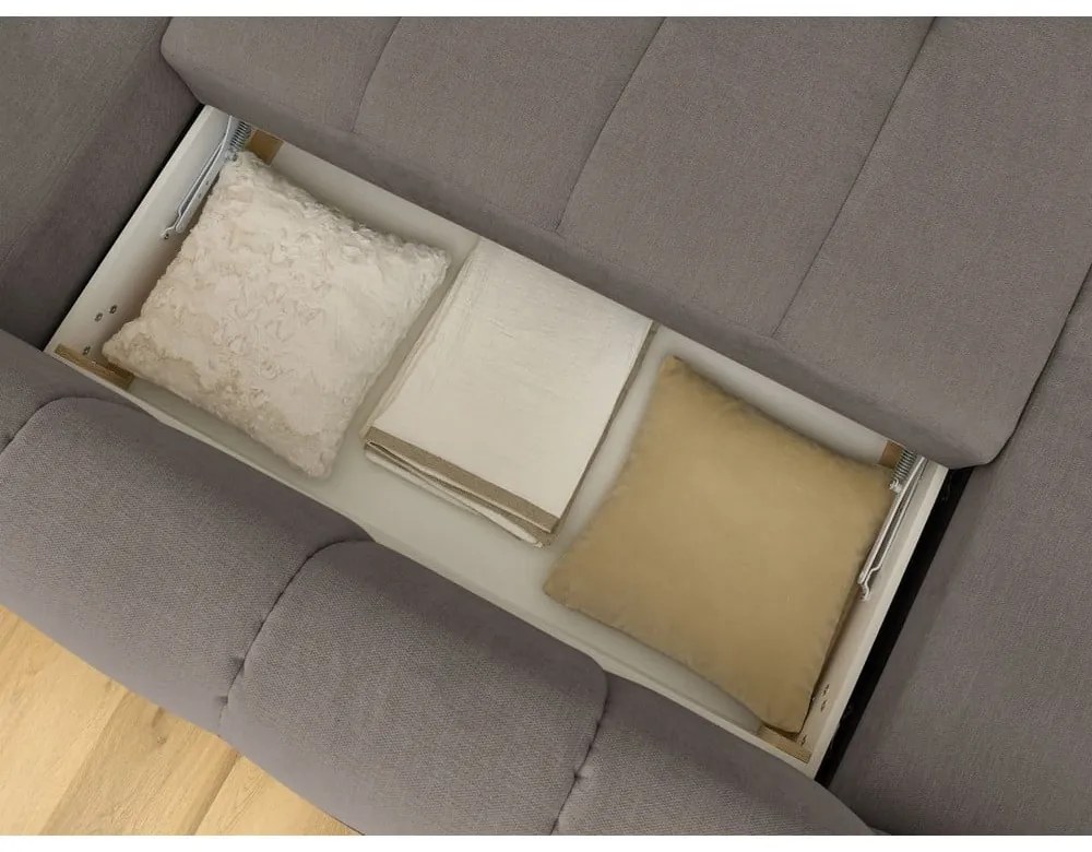 Szürkésbarna kinyitható-tárolóhelyes sarokkanapé (jobb oldali-U alakú) Fuji – Bobochic Paris