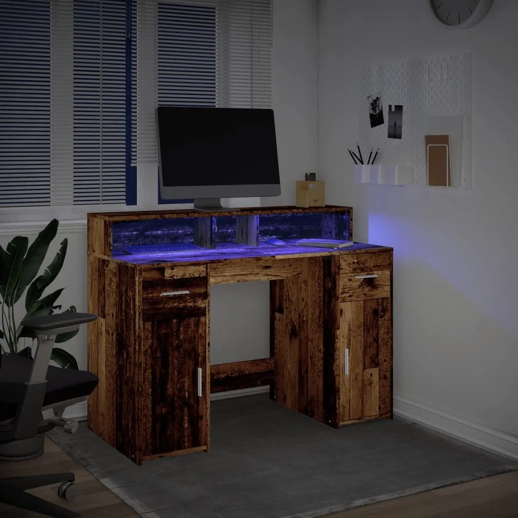 antik fa színű szerelt fa íróasztal LED-ekkel 120 x 55 x 91 cm