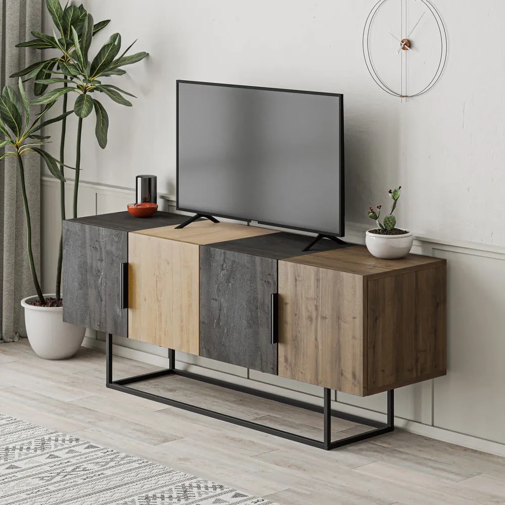 Barna-natúr színű TV-állvány tölgyfa dekorral 140x55 cm Titan – Marckeric