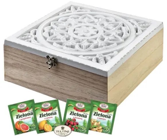 Mandala mintás fa teafiltertartó doboz 4 rekeszes 4 db ajándék teával