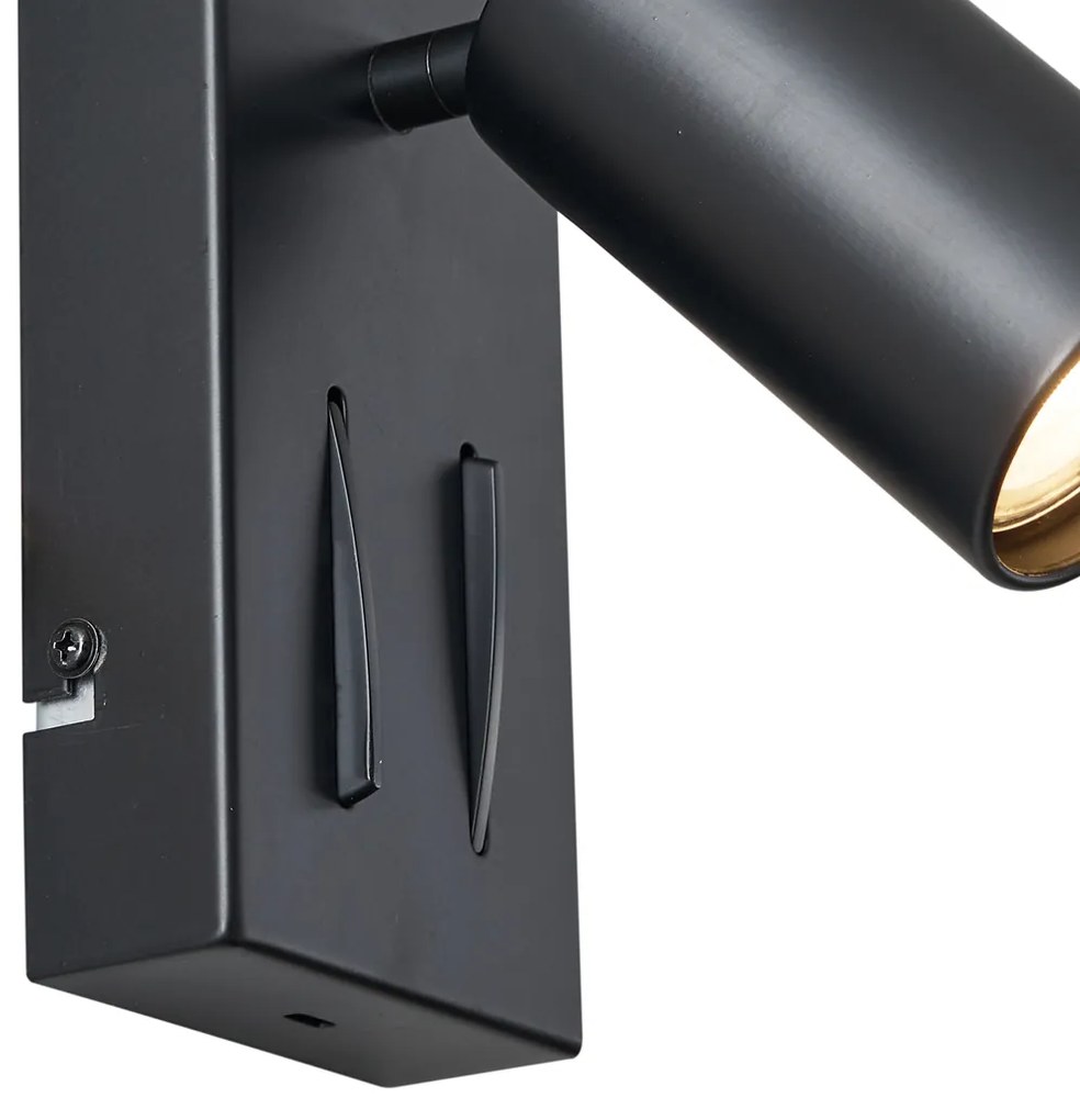 Modern fekete fali lámpa 2 égős, dönthető USB-C porttal - Lesly