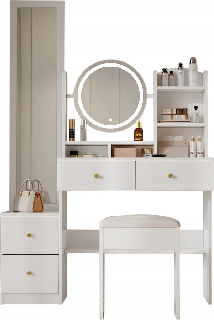 4 az 1-ben cipősszekrény Sminkasztal Forgatható asztali tükör Szék fehér