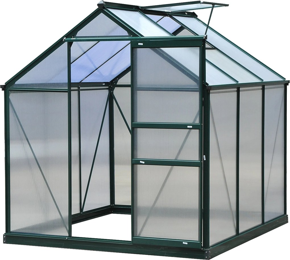 Outsunny Polikarbonát Kerti Üvegház 3.65m² Alumínium Kerti Üvegház 190 x 192 x 201cm UV-álló, megerősített alapzattal, ereszcsatornákkal, szellőzővel