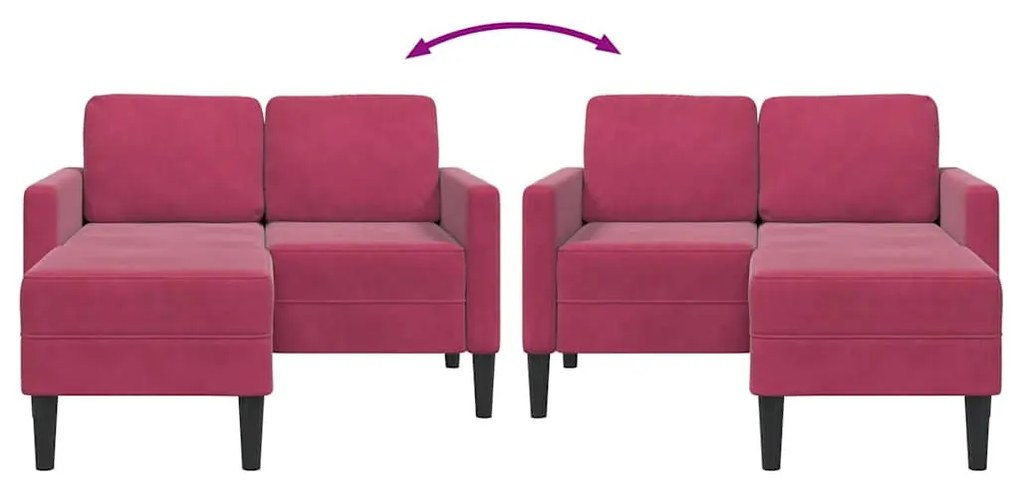 borvörös bársony 2 üléses kanapé L-alakú kanapéval 125 cm