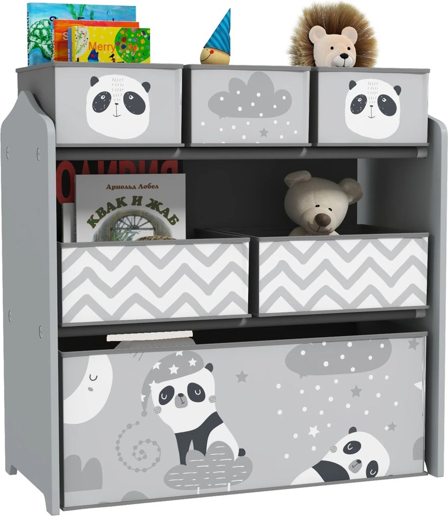 ZONEKIZ Játékpolc 6 Lepalackos Szövet Tárolódobozzal Gyerekeknek 3-8 Év 63x30x66 cm Szürke és Fehér | Aosom
