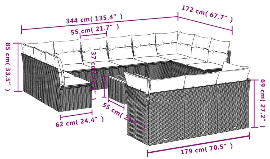 14 részes fekete polyrattan kerti ülőgarnitúra párnákkal