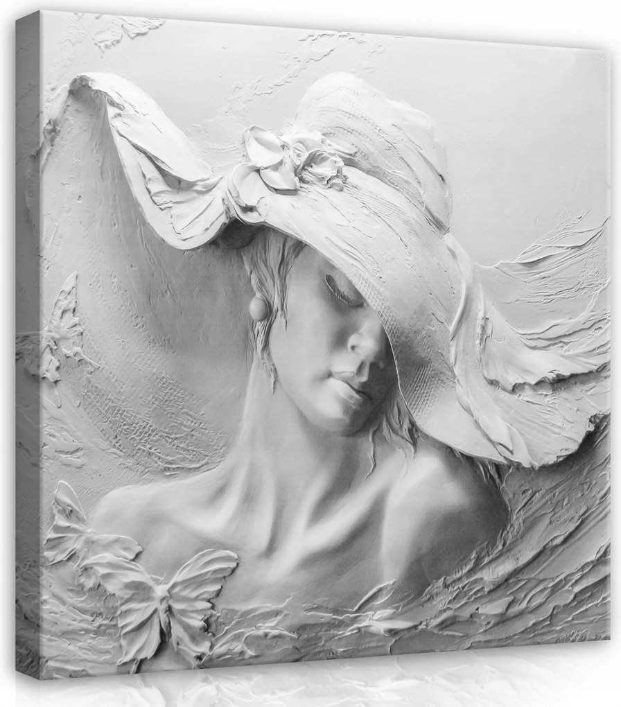 Vászonkép 40x40 dombormű szobor nő kalap fehér textúra gipsz pillangók művészet