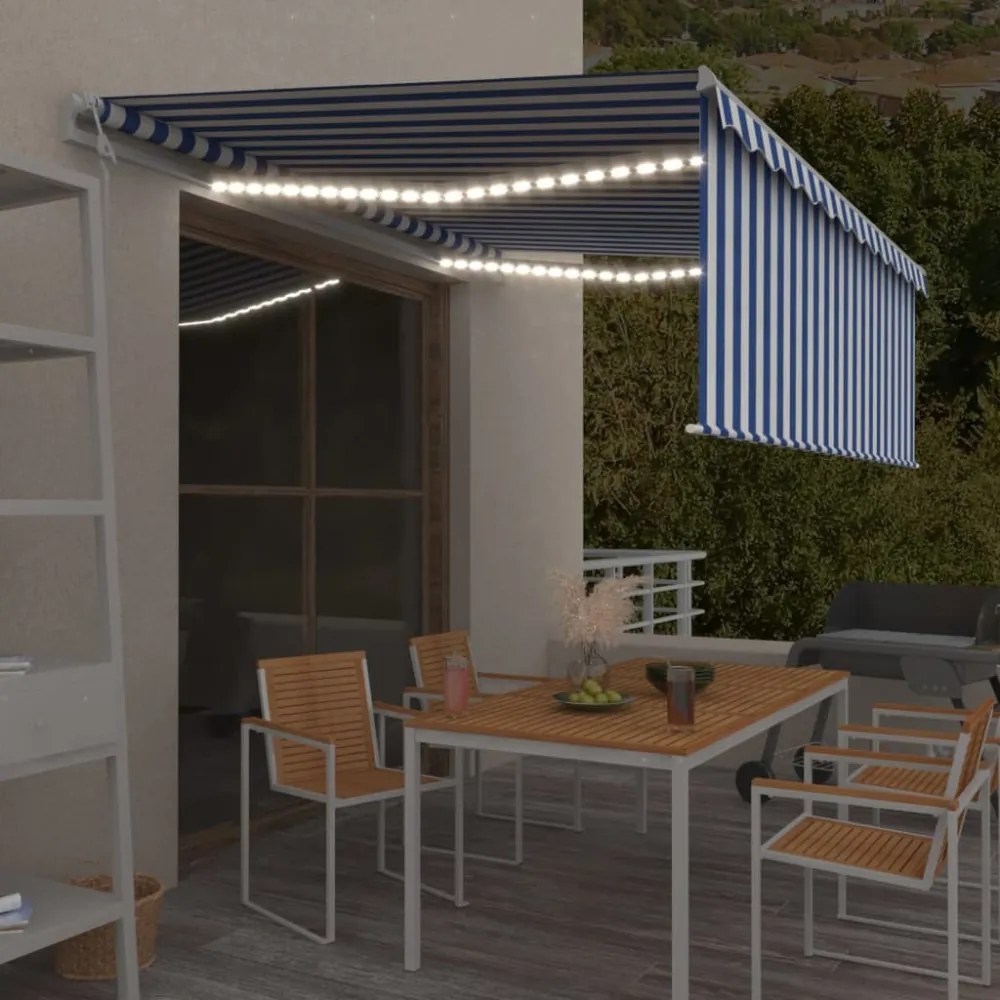 kék és fehér redőnyös, szélérzékelős, LED-es napellenző 4,5x3 m