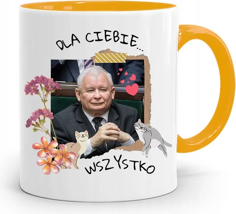 Sárga Vicces Bögre Jaroslaw Kaczynski felirattal, fényképpel