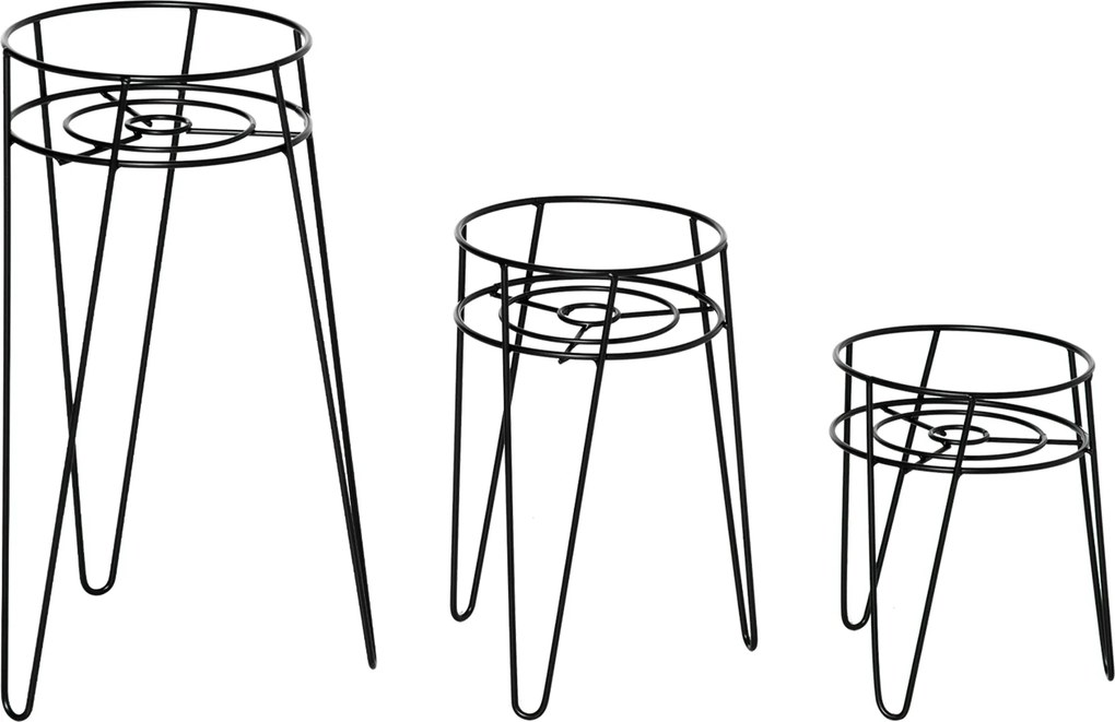 Outsunny 3 Részes Virágtartó Szett, 23,5/30/42cm Magas Virágtartók Belső és Külső Használatra, Fém Virágtartó a Nappaliba, Kertbe, Erkélyre, Fekete |