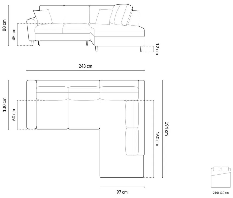 Sötétszürke bársony kinyitható tárolóhelyes sarokkanapé (jobb oldali-L alakú) Kyoto – Cosmopolitan Design